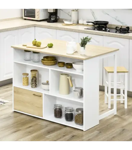 Isla de Cocina con Ala Abatible Mesa de Bar Alta con Múltiples Compartimentos 116x79,5x91 cm Blanco