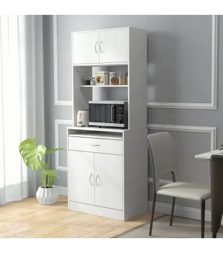 Alacena de Cocina Aparador de Comedor con 4 Puertas Bandeja Extraíble Estante Ajustable Cajón 70x40x180 cm Blanco