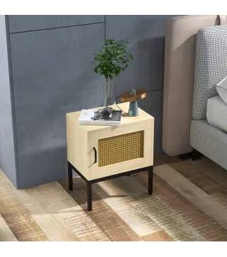 Mesita de Noche con Puerta de Ratán Mesilla de Noche Estilo Boho con Patas de Metal para Dormitorio 43x30x51 cm Roble