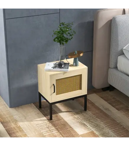 Mesita de Noche con Puerta de Ratán Mesilla de Noche Estilo Boho con Patas de Metal para Dormitorio 43x30x51 cm Roble