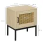 Mesita de Noche con Puerta de Ratán Mesilla de Noche Estilo Boho con Patas de Metal para Dormitorio 43x30x51 cm Roble