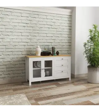 Aparador para Salón Armario Auxiliar con 2 Puertas de Vidrio 3 Cajones Estante Ajustable para Cocina 120x40x70 cm Blanco