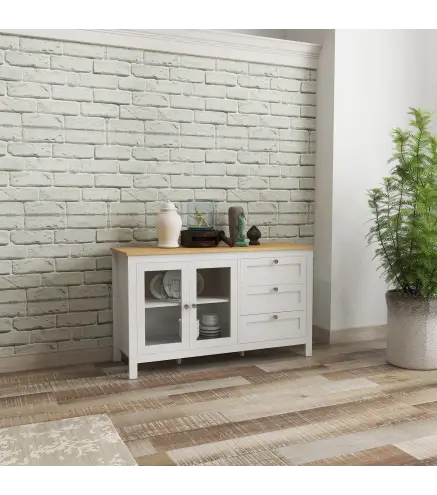 Aparador para Salón Armario Auxiliar con 2 Puertas de Vidrio 3 Cajones Estante Ajustable para Cocina 120x40x70 cm Blanco