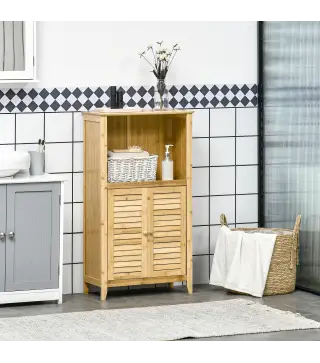 Armario Auxiliar de Baño de Bambú con 2 Puertas Compartimiento Abierto y Estante Ajustable 50x25,5x92 cm Natural