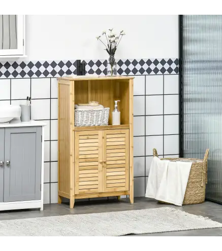 Armario Auxiliar de Baño de Bambú con 2 Puertas Compartimiento Abierto y Estante Ajustable 50x25,5x92 cm Natural