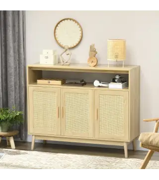 Aparador de Estilo Cannage Mueble Buffet Auxiliar con Puertas de Rejilla y Patas de Madera 120x40x97cm Natural