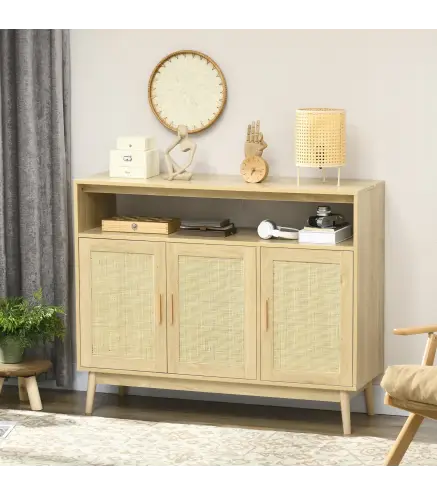 Aparador de Estilo Cannage Mueble Buffet Auxiliar con Puertas de Rejilla y Patas de Madera 120x40x97cm Natural