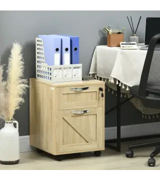 Cajonera de Oficina con 2 Cajones Cajonera con Ruedas con Cerradura Carpetas Colgantes para Tamaño A4 41x42x56cm Natural