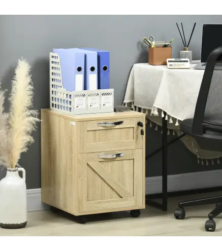 Cajonera de Oficina con 2 Cajones Cajonera con Ruedas con Cerradura Carpetas Colgantes para Tamaño A4 41x42x56cm Natural