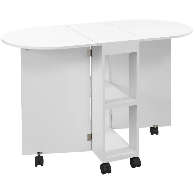 Mesa de Comedor Plegable con Ruedas Mesa de Cocina con Alas Abatibles y 2 Estantes Abiertos 120x60x77 cm Blanco