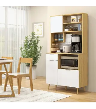 Alacena de Cocina Mueble Auxiliar de Cocina con 3 Puertas Cajón Estante Ajustable y Toallero 93x40x180 cm Natural