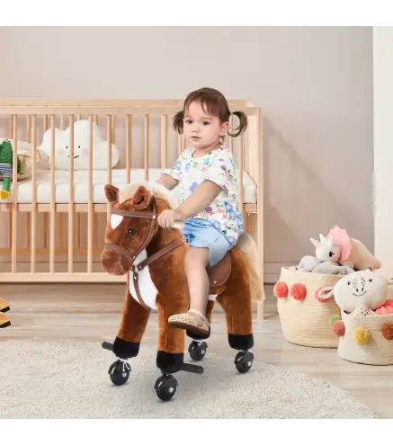 Caballito Infantil +2 Años Caballo con Ruedas Sonidos de Relincho Palos Pedales 55x23x60 cm Marrón