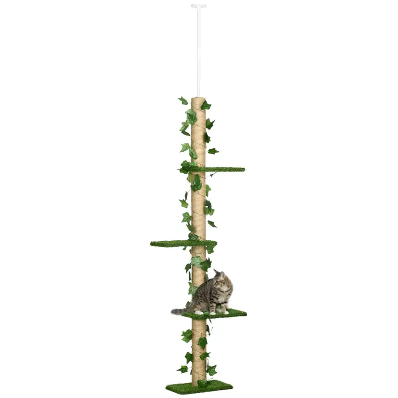 Árbol para Gatos del Suelo al Techo 37x21x202-242 cm con Altura Ajustable 4 Plataformas de Césped Artificial Verde