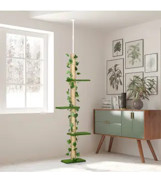 Árbol para Gatos del Suelo al Techo 37x21x202-242 cm con Altura Ajustable 4 Plataformas de Césped Artificial Verde