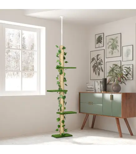 Árbol para Gatos del Suelo al Techo 37x21x202-242 cm con Altura Ajustable 4 Plataformas de Césped Artificial Verde
