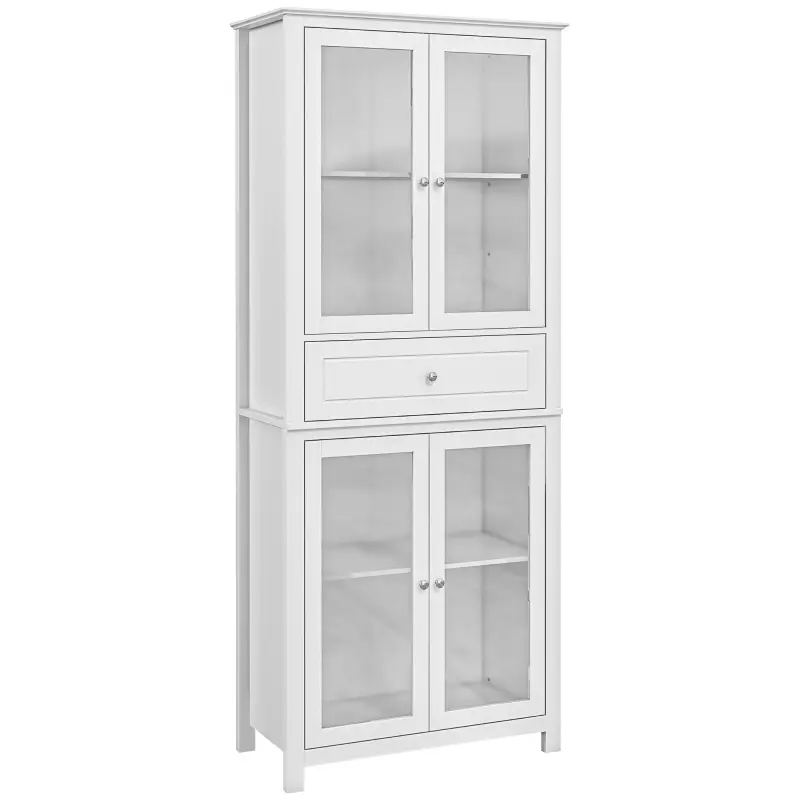 Alacena de Cocina Mueble Vitrina con 4 Puertas de Vidrio Templado Cajón y Estantes Ajustables 74x35,5x181,5 cm Blanco