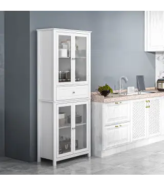Alacena de Cocina Mueble Vitrina con 4 Puertas de Vidrio Templado Cajón y Estantes Ajustables 74x35,5x181,5 cm Blanco