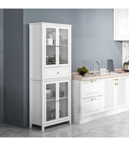 Alacena de Cocina Mueble Vitrina con 4 Puertas de Vidrio Templado Cajón y Estantes Ajustables 74x35,5x181,5 cm Blanco