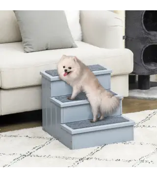 Escalera para Mascotas 3 Peldaños con Espacio de Almacenaje y Alfombra Antideslizantes Portátil 40,5x44,5x38 cm Gris