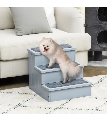 Escalera para Mascotas 3 Peldaños con Espacio de Almacenaje y Alfombra Antideslizantes Portátil 40,5x44,5x38 cm Gris