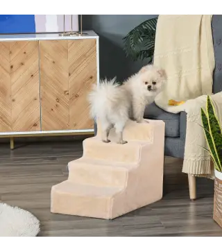 Escalera para Mascotas de 4 Peldaños 2 en 1 con Funda Extraíble y Lavable Escalera Rascadora de Perros 60x35x44 cm Beige
