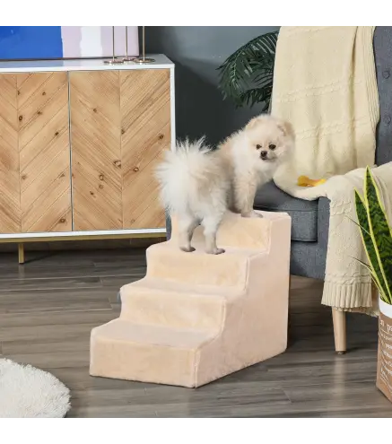 Escalera para Mascotas de 4 Peldaños 2 en 1 con Funda Extraíble y Lavable Escalera Rascadora de Perros 60x35x44 cm Beige