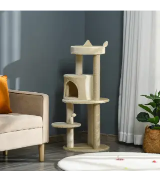 Árbol Rascador para Gatos de 104 cm Rascador para Gatos con Plataformas Refugio Postes de Sisal y Bola 48x48x104cm Crema