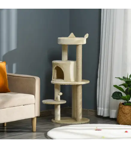 Árbol Rascador para Gatos de 104 cm Rascador para Gatos con Plataformas Refugio Postes de Sisal y Bola 48x48x104cm Crema