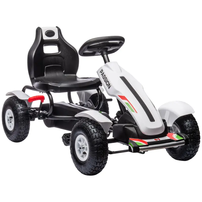 Go Kart a Pedales para Niños con Asiento Ajustable Neumáticos de Goma Freno de Mano Carga 50 kg 121x58x61 cm Blanco