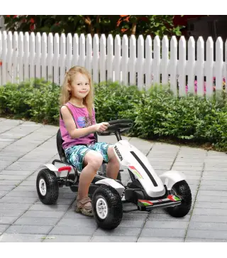 Go Kart a Pedales para Niños con Asiento Ajustable Neumáticos de Goma Freno de Mano Carga 50 kg 121x58x61 cm Blanco