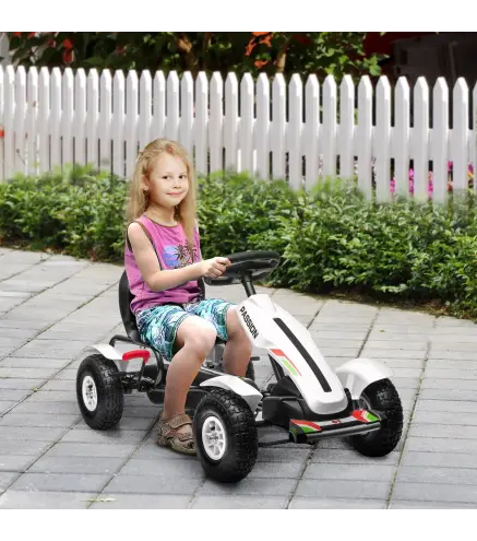 Go Kart a Pedales para Niños con Asiento Ajustable Neumáticos de Goma Freno de Mano Carga 50 kg 121x58x61 cm Blanco