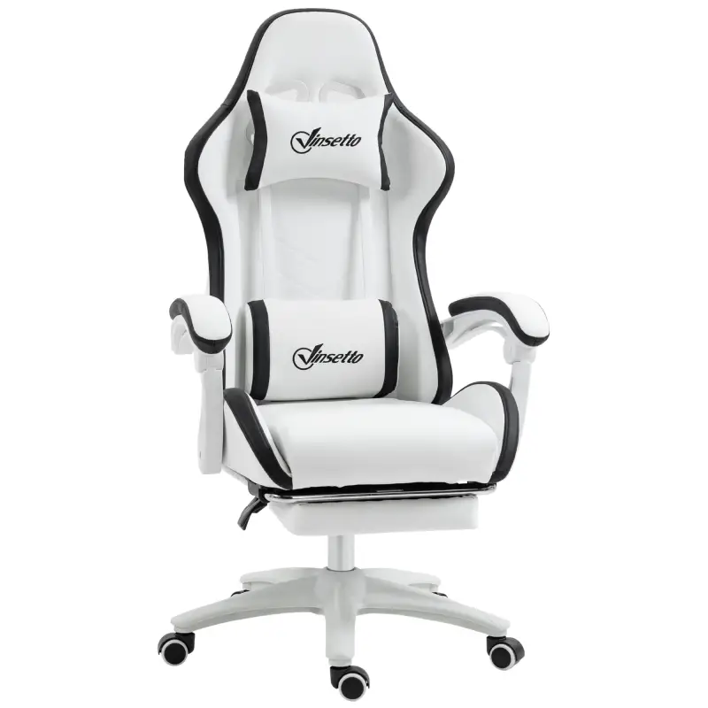 Silla Gaming Silla Gamer de Cuero PU Altura Ajustable Reclinable 135° Reposacabezas y Reposapiés 65x65x121-129 cm Blanco