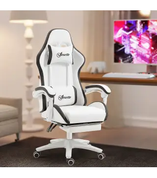 Silla Gaming Silla Gamer de Cuero PU Altura Ajustable Reclinable 135° Reposacabezas y Reposapiés 65x65x121-129 cm Blanco