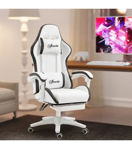 Silla Gaming Silla Gamer de Cuero PU Altura Ajustable Reclinable 135° Reposacabezas y Reposapiés 65x65x121-129 cm Blanco