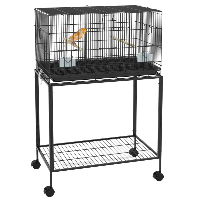 Jaula para Pájaros con Ruedas 77x46x119 cm Jaula Metálica para Aves con Bandeja Extraíble 2 Perchas 2 Comederos Negro Jaula para Pájaros con Ruedas 77x46x119 cm Jaula Metálica para Aves con Bandeja Extraíble 2 Perchas 2 Comederos Negro
