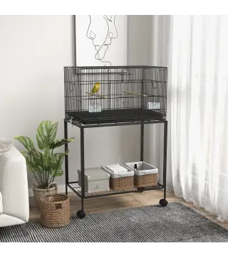 Jaula para Pájaros con Ruedas 77x46x119 cm Jaula Metálica para Aves con Bandeja Extraíble 2 Perchas 2 Comederos Negro