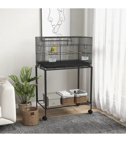 Jaula para Pájaros con Ruedas 77x46x119 cm Jaula Metálica para Aves con Bandeja Extraíble 2 Perchas 2 Comederos Negro