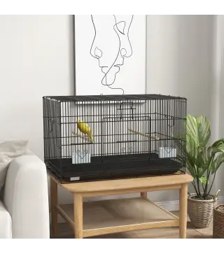 Jaula para Pájaros 77x46x45 cm Jaula Metálica para Aves con Bandeja Extraíble 2 Perchas 2 Comederos 2 Perchas Negro
