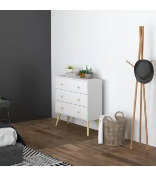 Cómoda con 3 Cajones Cajonera de Dormitorio con Patas de Madera de Pino para Salón Oficina Habitación 80x30x80 cm Blanco