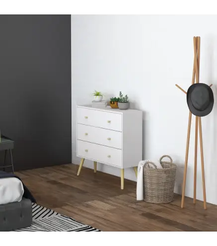 Cómoda con 3 Cajones Cajonera de Dormitorio con Patas de Madera de Pino para Salón Oficina Habitación 80x30x80 cm Blanco