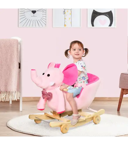 Caballito Balancín con Ruedas Forma de Elefante Caballo Balancín para Bebés de +18 Meses con Músicas 60x35x45 cm Rosa