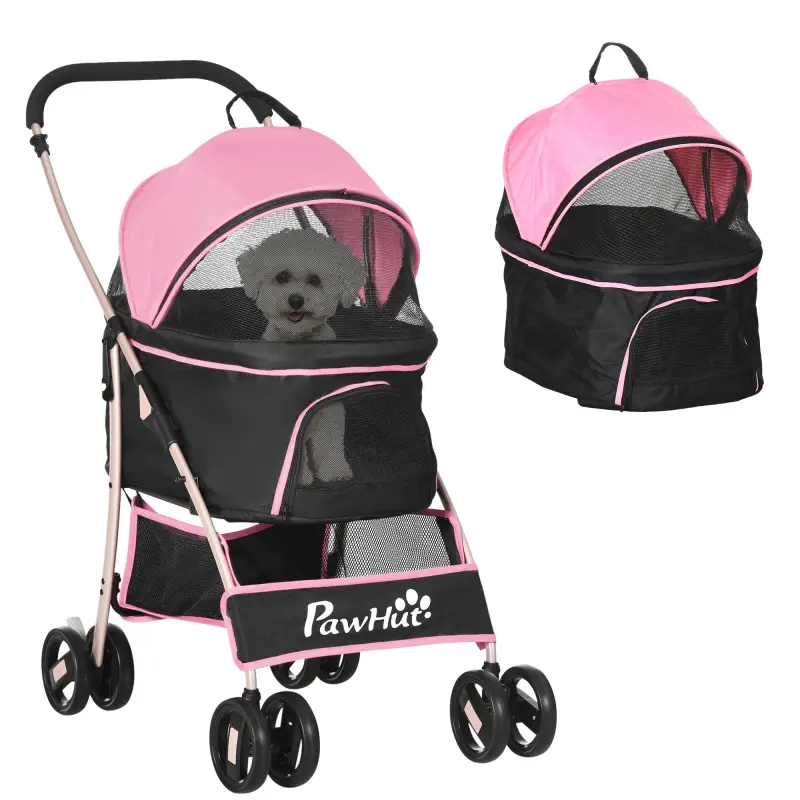Carrito para Perros Pequeños 3 en 1 con Vagón Desmontable Cesta de Almacenaje Correas de Seguridad y Cojín Rosa