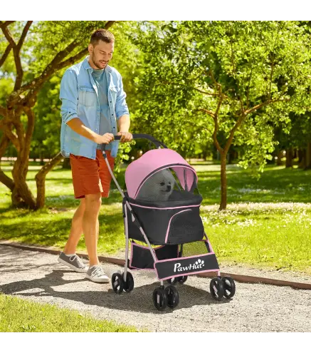 Carrito para Perros Pequeños 3 en 1 con Vagón Desmontable Cesta de Almacenaje Correas de Seguridad y Cojín Rosa