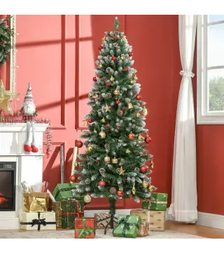 Árbol de Navidad Artificial de Nieve 180 cm con 508 Ramas 49 Piñas Base Plegable y Soporte de Acero Ø73x180 cm Verde