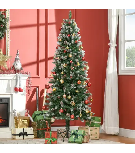 Árbol de Navidad Artificial de Nieve 180 cm con 508 Ramas 49 Piñas Base Plegable y Soporte de Acero Ø73x180 cm Verde