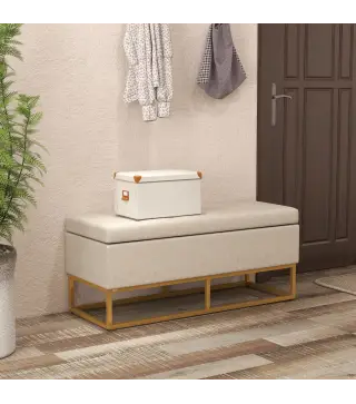 Banqueta con Almacenamiento Banco Rectangular Tapizado en Lino con Tapa Abatible y Patas de Acero 110x44x48 cm Beige