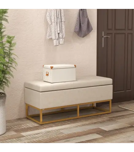 Banqueta con Almacenamiento Banco Rectangular Tapizado en Lino con Tapa Abatible y Patas de Acero 110x44x48 cm Beige