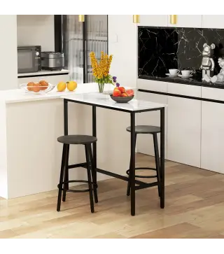 Conjunto de Mesa Alta de Bar con 2 Taburetes Redondo Set de 3 Piezas con Marco de Acero de Estilo Moderno Blanco y Negro