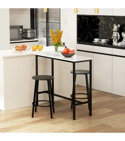 Conjunto de Mesa Alta de Bar con 2 Taburetes Redondo Set de 3 Piezas con Marco de Acero de Estilo Moderno Blanco y Negro