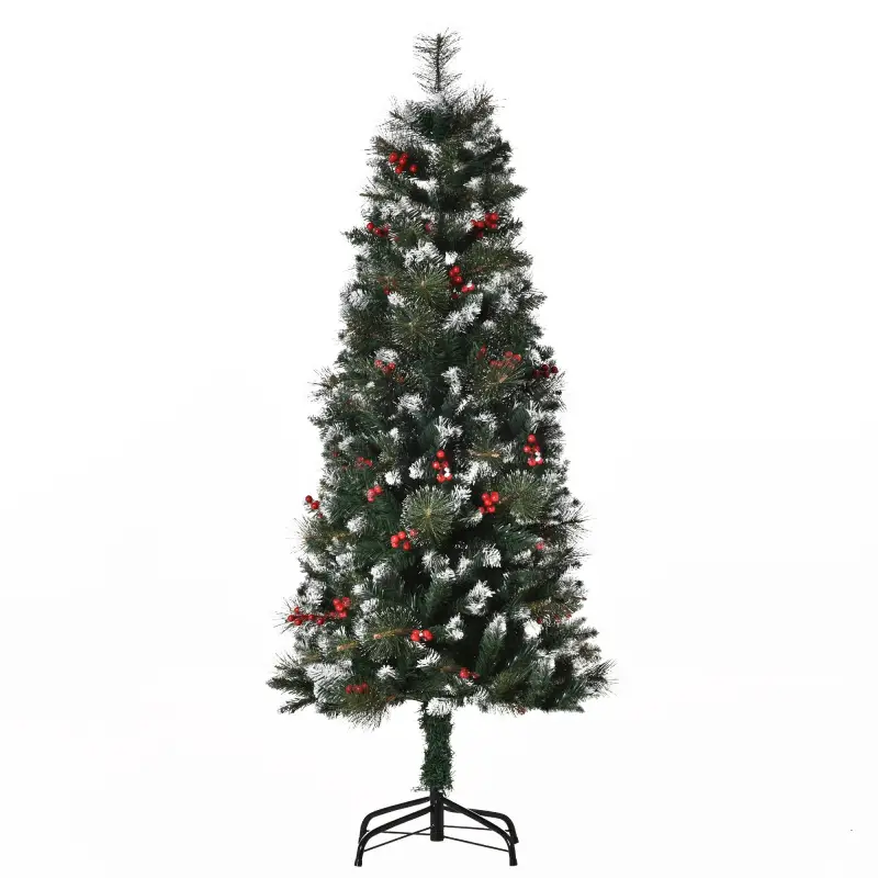 Árbol de Navidad Artificial con Nieve 150 cm con 360 Ramas 38 Bayas Decoración Navideña para Interiores Verde